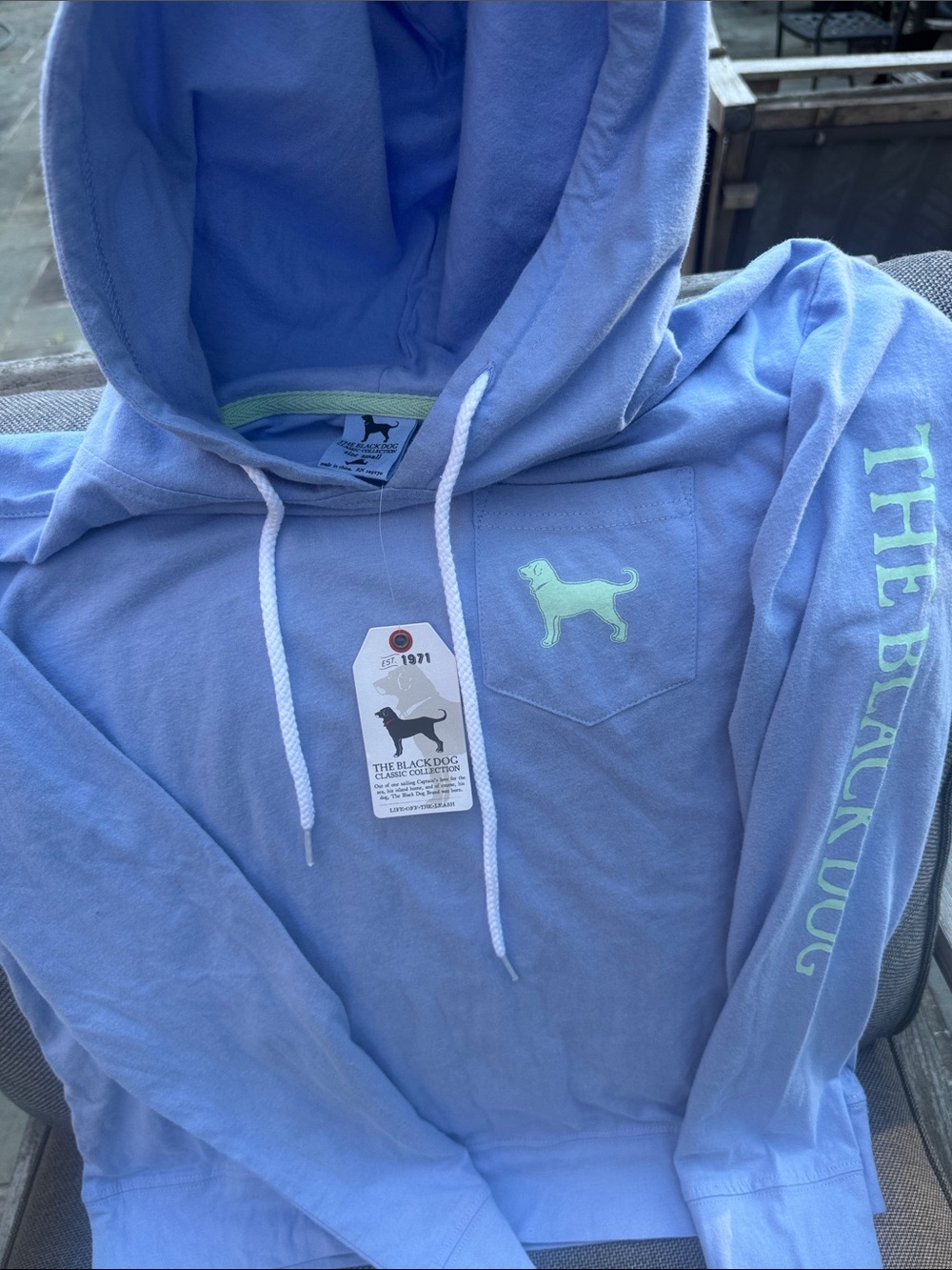 The Black Dog light blue hoodie with mint logo & white drawstrings/ NWT